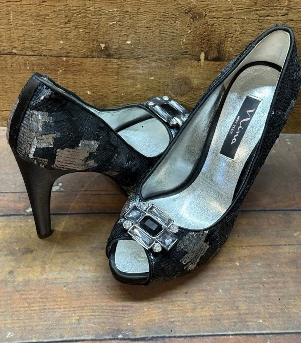 Nina New York Black Sequin Crystal Gem Peep Toe Heels